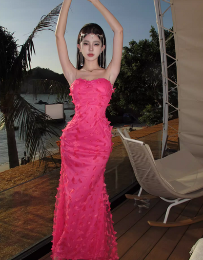 Sexy Pink Sheath Stereo Butterflies Tulle Overlay Maxi Dress Strapless Double Layers Long Dress AP1201