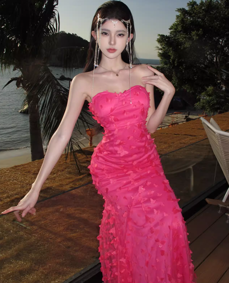 Sexy Pink Sheath Stereo Butterflies Tulle Overlay Maxi Dress Strapless Double Layers Long Dress AP1201