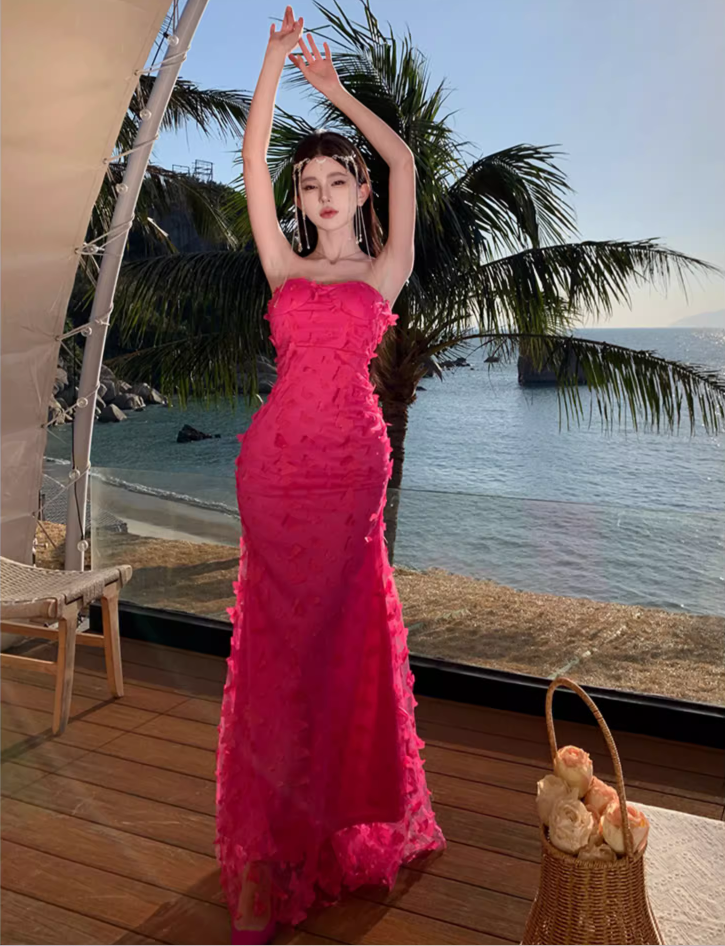 Sexy Pink Sheath Stereo Butterflies Tulle Overlay Maxi Dress Strapless Double Layers Long Dress AP1201
