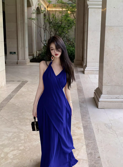 Elegant Blue A-Line Maxi Dress With Slit Backless Natural Draped Flowy Halter Long Dress AP1202