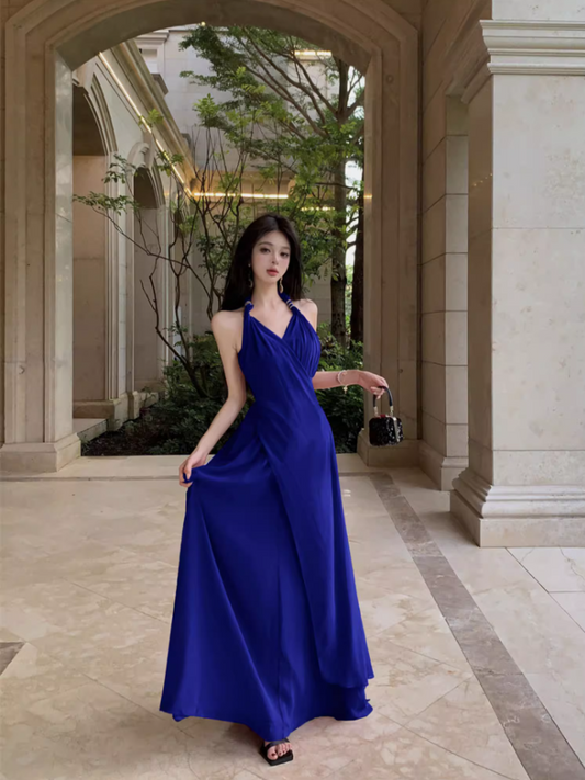 Elegant Blue A-Line Maxi Dress With Slit Backless Natural Draped Flowy Halter Long Dress AP1202