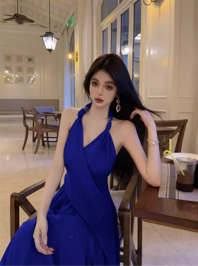 Elegant Blue A-Line Maxi Dress With Slit Backless Natural Draped Flowy Halter Long Dress AP1202