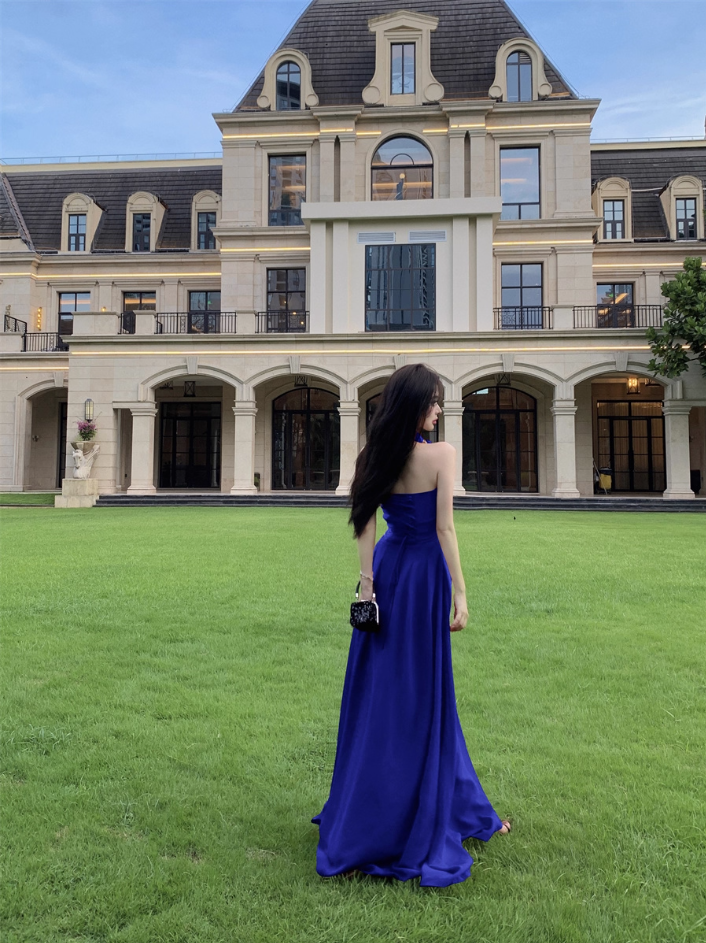 Elegant Blue A-Line Maxi Dress With Slit Backless Natural Draped Flowy Halter Long Dress AP1202