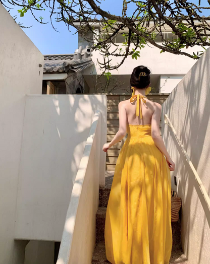 Vibrant Yellow Flowy Natural Waist Maxi Dress With Lining Backless Beading Design Halter Long Dress AP1203