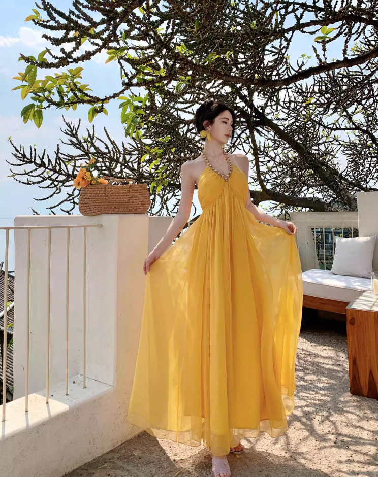 Vibrant Yellow Flowy Natural Waist Maxi Dress With Lining Backless Beading Design Halter Long Dress AP1203