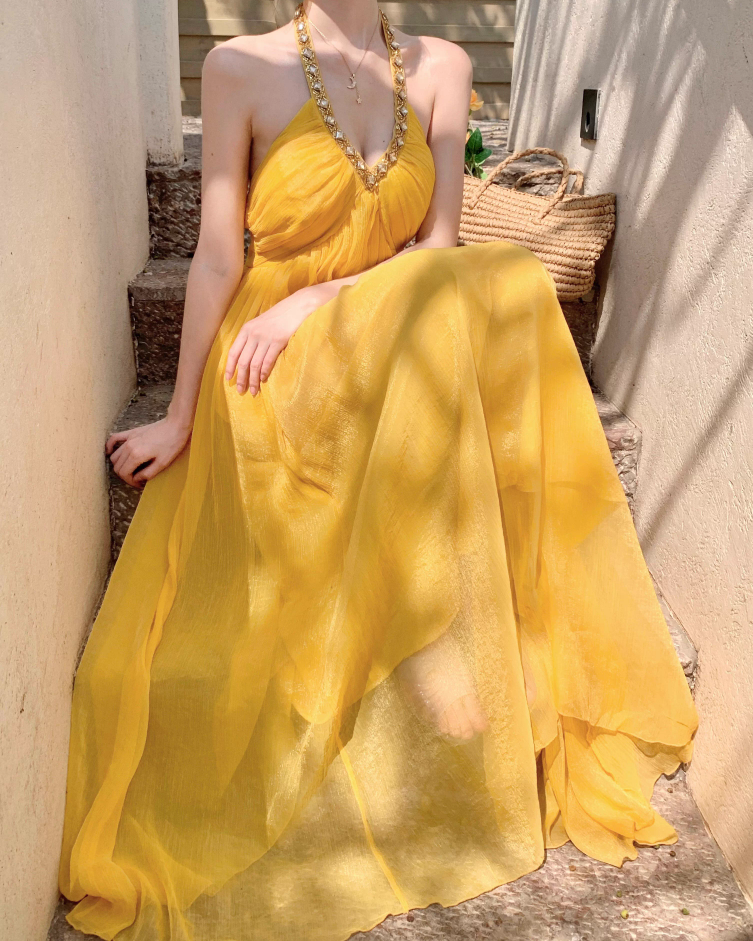 Vibrant Yellow Flowy Natural Waist Maxi Dress With Lining Backless Beading Design Halter Long Dress AP1203
