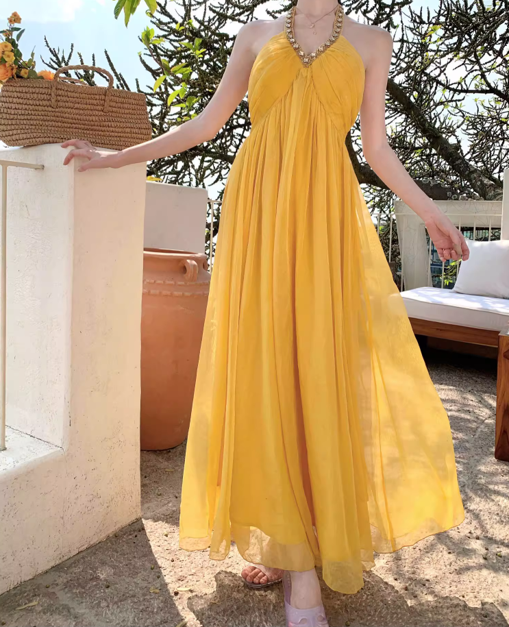 Vibrant Yellow Flowy Natural Waist Maxi Dress With Lining Backless Beading Design Halter Long Dress AP1203