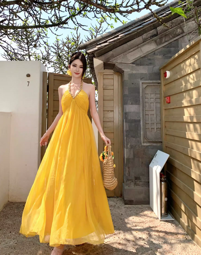 Vibrant Yellow Flowy Natural Waist Maxi Dress With Lining Backless Beading Design Halter Long Dress AP1203