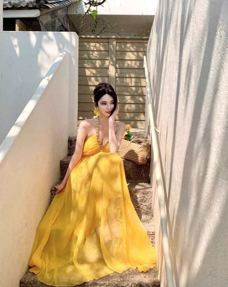 Vibrant Yellow Flowy Natural Waist Maxi Dress With Lining Backless Beading Design Halter Long Dress AP1203