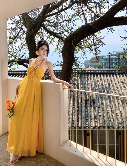 Vibrant Yellow Flowy Natural Waist Maxi Dress With Lining Backless Beading Design Halter Long Dress AP1203