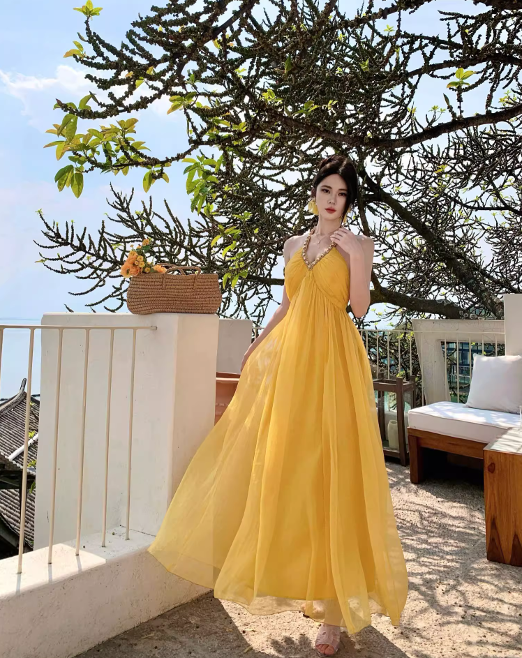 Vibrant Yellow Flowy Natural Waist Maxi Dress With Lining Backless Beading Design Halter Long Dress AP1203