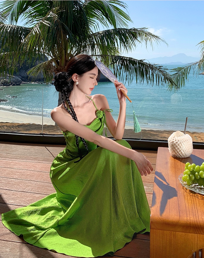 Vintage Green Flowy Natural Draped Maxi Dress Vibrant Lustrous Fabric Backless Flower Design Halter Long Dress AP1204