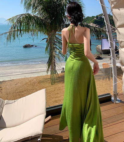 Vintage Green Flowy Natural Draped Maxi Dress Vibrant Lustrous Fabric Backless Flower Design Halter Long Dress AP1204