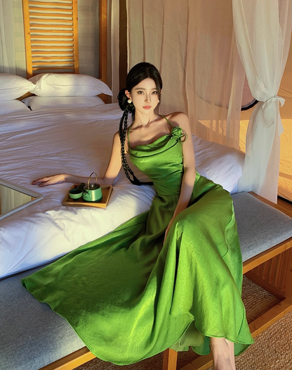 Vintage Green Flowy Natural Draped Maxi Dress Vibrant Lustrous Fabric Backless Flower Design Halter Long Dress AP1204