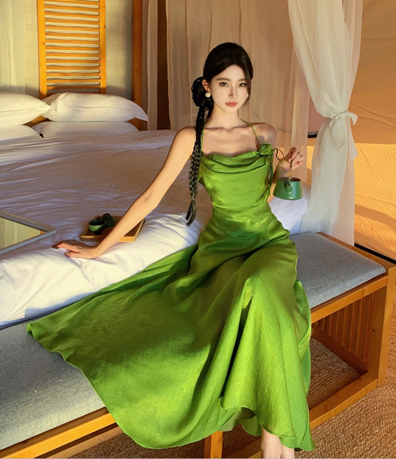 Vintage Green Flowy Natural Draped Maxi Dress Vibrant Lustrous Fabric Backless Flower Design Halter Long Dress AP1204