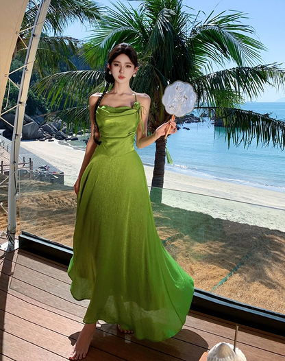 Vintage Green Flowy Natural Draped Maxi Dress Vibrant Lustrous Fabric Backless Flower Design Halter Long Dress AP1204