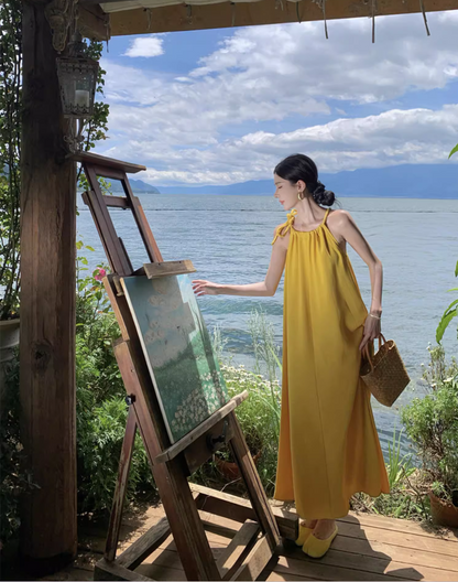 Tropical Style Yellow Flowy Minimalist Maxi Dress Vibrant Loose Style Adjustable Strap Halter Long Dress AP1205