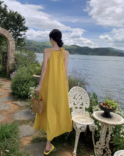 Tropical Style Yellow Flowy Minimalist Maxi Dress Vibrant Loose Style Adjustable Strap Halter Long Dress AP1205