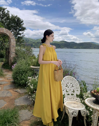 Tropical Style Yellow Flowy Minimalist Maxi Dress Vibrant Loose Style Adjustable Strap Halter Long Dress AP1205