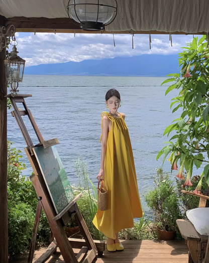 Tropical Style Yellow Flowy Minimalist Maxi Dress Vibrant Loose Style Adjustable Strap Halter Long Dress AP1205