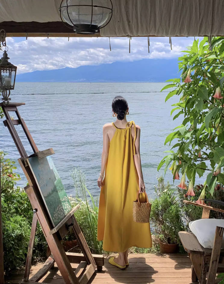 Tropical Style Yellow Flowy Minimalist Maxi Dress Vibrant Loose Style Adjustable Strap Halter Long Dress AP1205