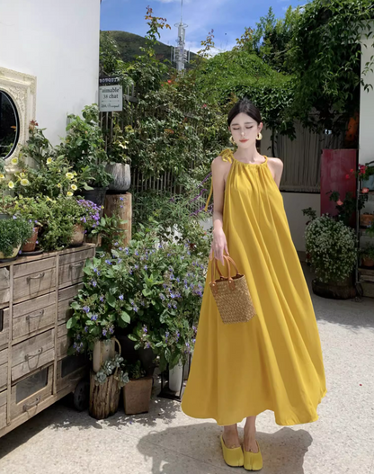 Tropical Style Yellow Flowy Minimalist Maxi Dress Vibrant Loose Style Adjustable Strap Halter Long Dress AP1205