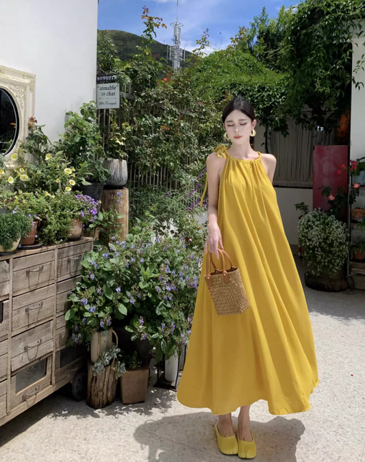 Tropical Style Yellow Flowy Minimalist Maxi Dress Vibrant Loose Style Adjustable Strap Halter Long Dress AP1205