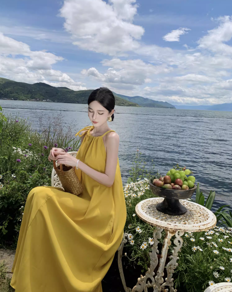 Tropical Style Yellow Flowy Minimalist Maxi Dress Vibrant Loose Style Adjustable Strap Halter Long Dress AP1205