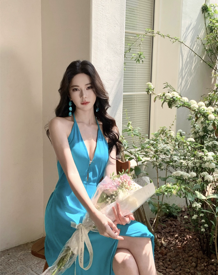 Boho Style Flowy High Slit Vacation Outfit Maxi Dress Vibrant Loose Style Halter Long Dress AP1206