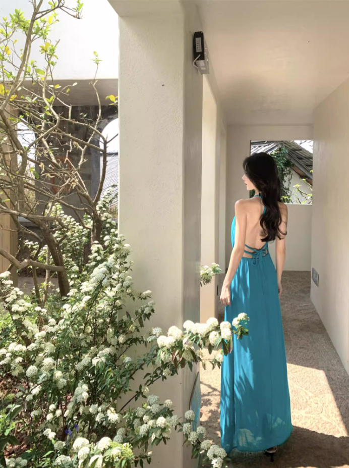 Boho Style Flowy High Slit Vacation Outfit Maxi Dress Vibrant Loose Style Halter Long Dress AP1206