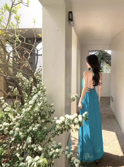 Boho Style Flowy High Slit Vacation Outfit Maxi Dress Vibrant Loose Style Halter Long Dress AP1206