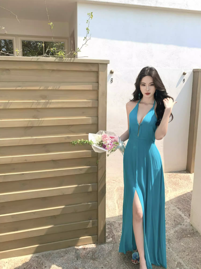 Boho Style Flowy High Slit Vacation Outfit Maxi Dress Vibrant Loose Style Halter Long Dress AP1206