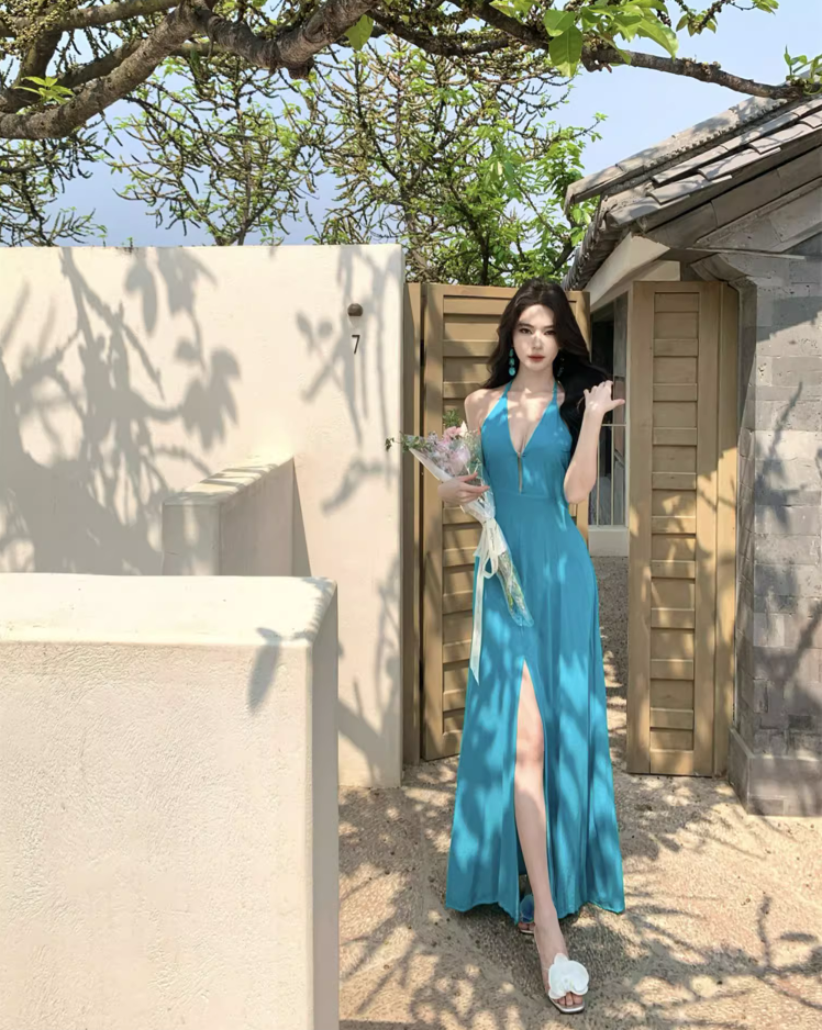 Boho Style Flowy High Slit Vacation Outfit Maxi Dress Vibrant Loose Style Halter Long Dress AP1206