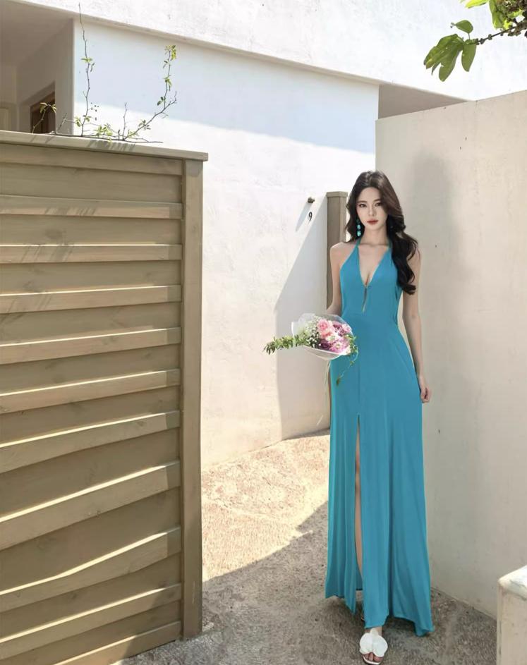 Boho Style Flowy High Slit Vacation Outfit Maxi Dress Vibrant Loose Style Halter Long Dress AP1206