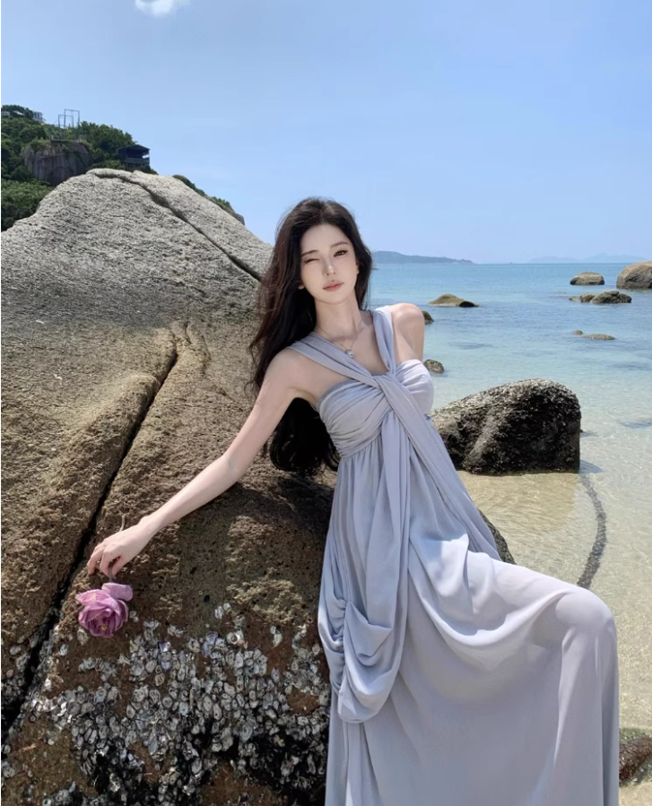 Ethereal Draped Soft Fabric Vacation Outfit Maxi Dress Classical Loose Style Halter Long Dress AP1207