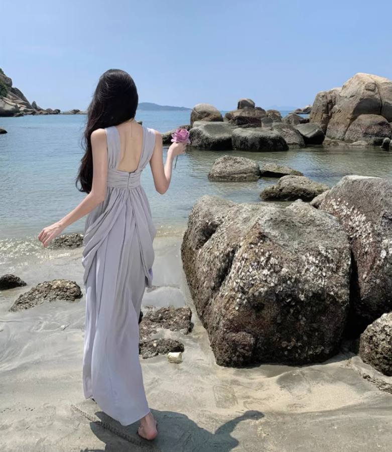 Ethereal Draped Soft Fabric Vacation Outfit Maxi Dress Classical Loose Style Halter Long Dress AP1207