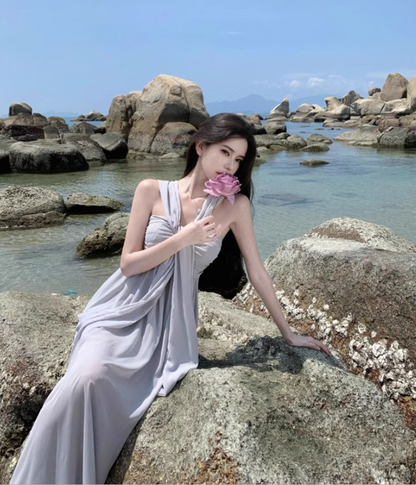 Ethereal Draped Soft Fabric Vacation Outfit Maxi Dress Classical Loose Style Halter Long Dress AP1207