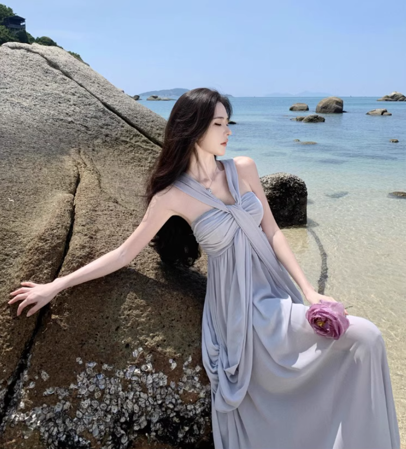 Ethereal Draped Soft Fabric Vacation Outfit Maxi Dress Classical Loose Style Halter Long Dress AP1207