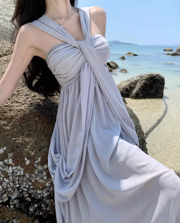 Ethereal Draped Soft Fabric Vacation Outfit Maxi Dress Classical Loose Style Halter Long Dress AP1207