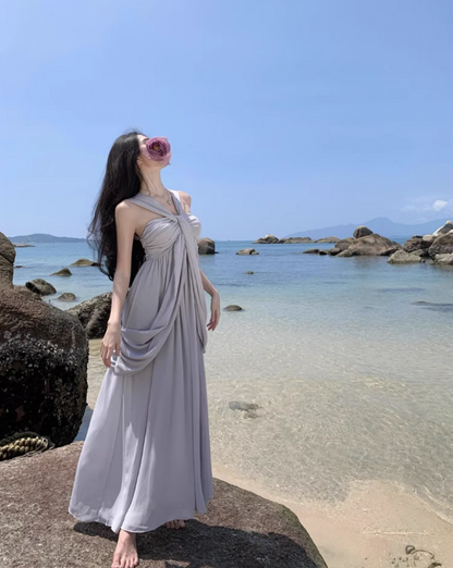 Ethereal Draped Soft Fabric Vacation Outfit Maxi Dress Classical Loose Style Halter Long Dress AP1207
