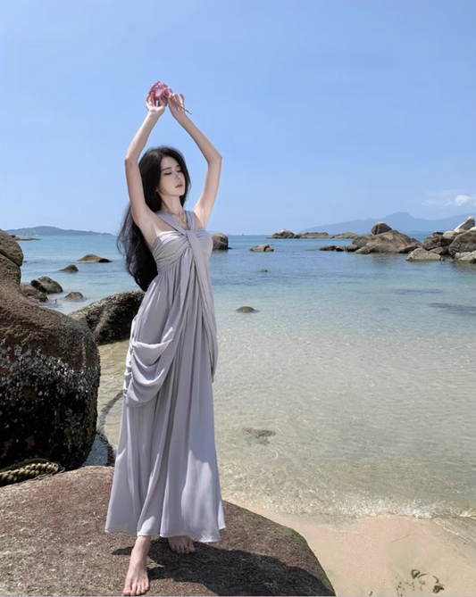 Ethereal Draped Soft Fabric Vacation Outfit Maxi Dress Classical Loose Style Halter Long Dress AP1207