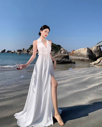 Charming Ruffles Trimmed Lace Strap Maxi Dress Chic High Slit Backless Halter Long Dress AP1208