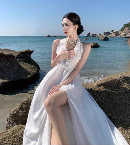 Charming Ruffles Trimmed Lace Strap Maxi Dress Chic High Slit Backless Halter Long Dress AP1208