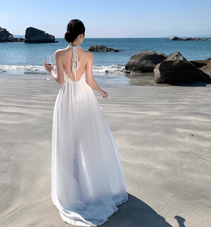 Charming Ruffles Trimmed Lace Strap Maxi Dress Chic High Slit Backless Halter Long Dress AP1208