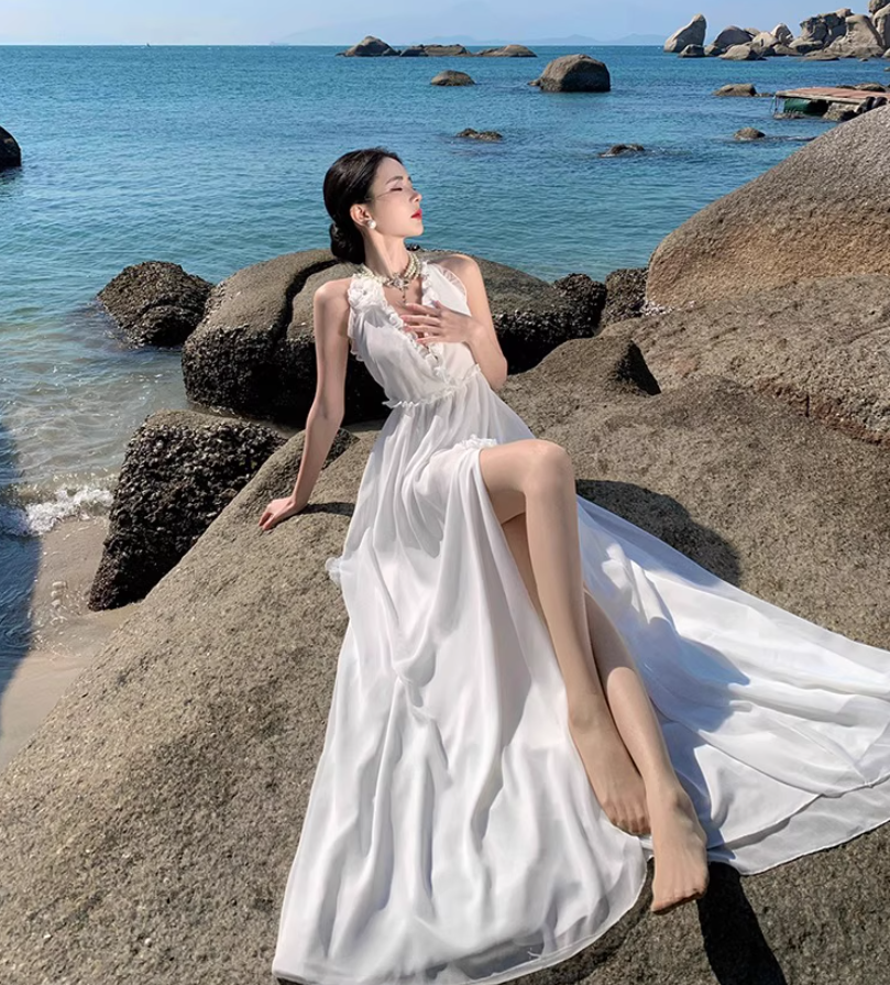 Charming Ruffles Trimmed Lace Strap Maxi Dress Chic High Slit Backless Halter Long Dress AP1208