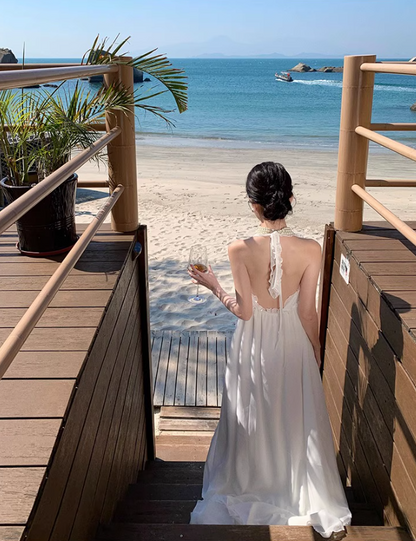 Charming Ruffles Trimmed Lace Strap Maxi Dress Chic High Slit Backless Halter Long Dress AP1208