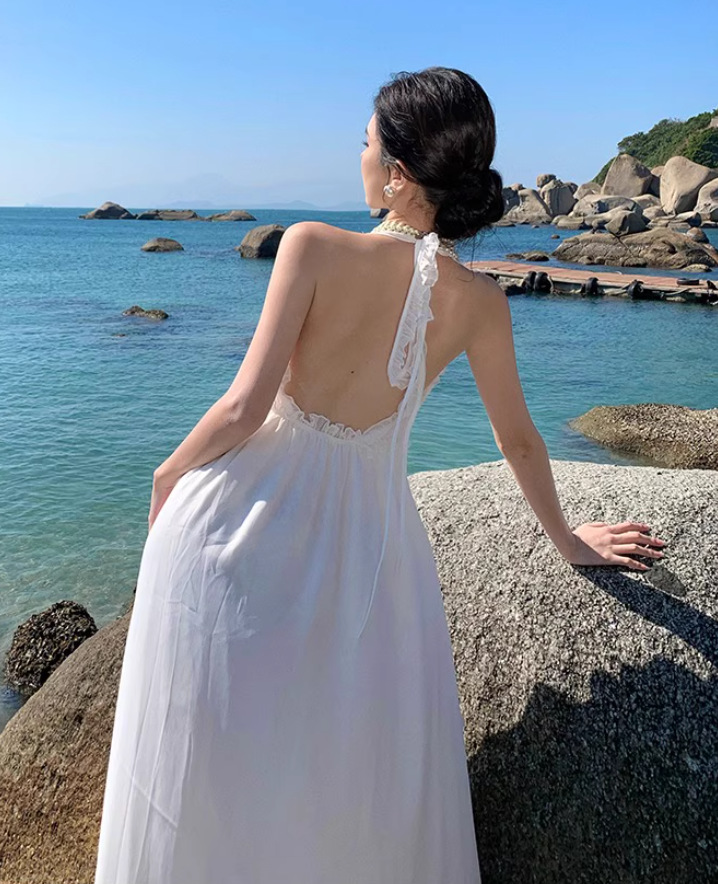 Charming Ruffles Trimmed Lace Strap Maxi Dress Chic High Slit Backless Halter Long Dress AP1208