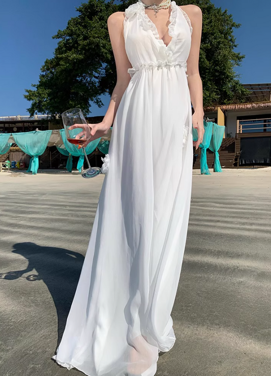 Charming Ruffles Trimmed Lace Strap Maxi Dress Chic High Slit Backless Halter Long Dress AP1208