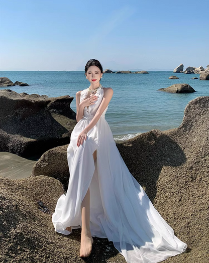 Charming Ruffles Trimmed Lace Strap Maxi Dress Chic High Slit Backless Halter Long Dress AP1208