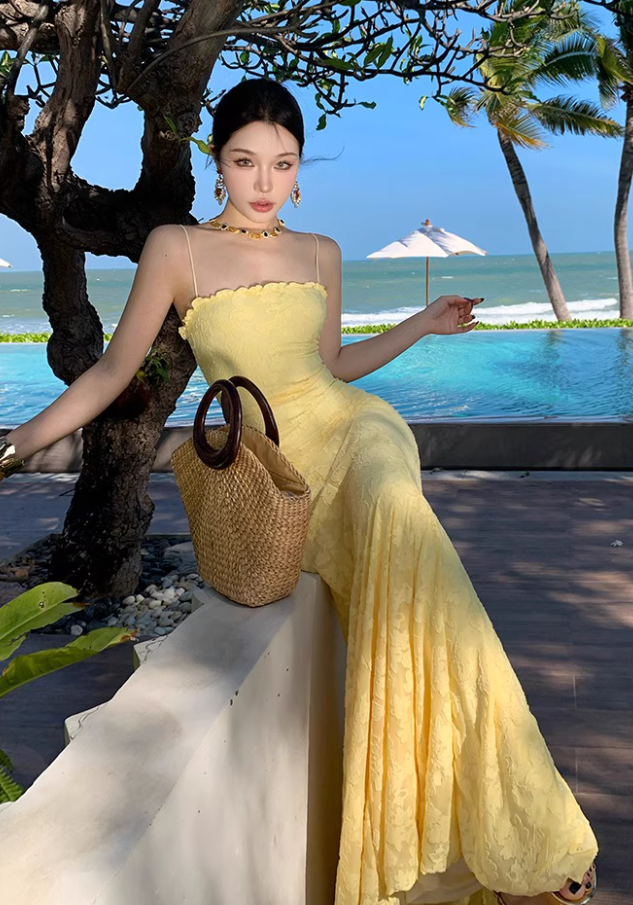 Vigrant Yellow Sheath Mermaid Maxi Dress Tie-Back Ruffles Hem Design Spaghetti Strap Long Dress AP1209